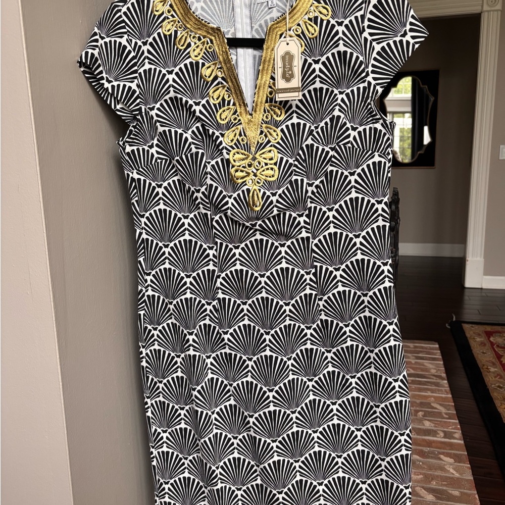 Mud Pie Black & White Geometric Midi Dress with Gold Trim